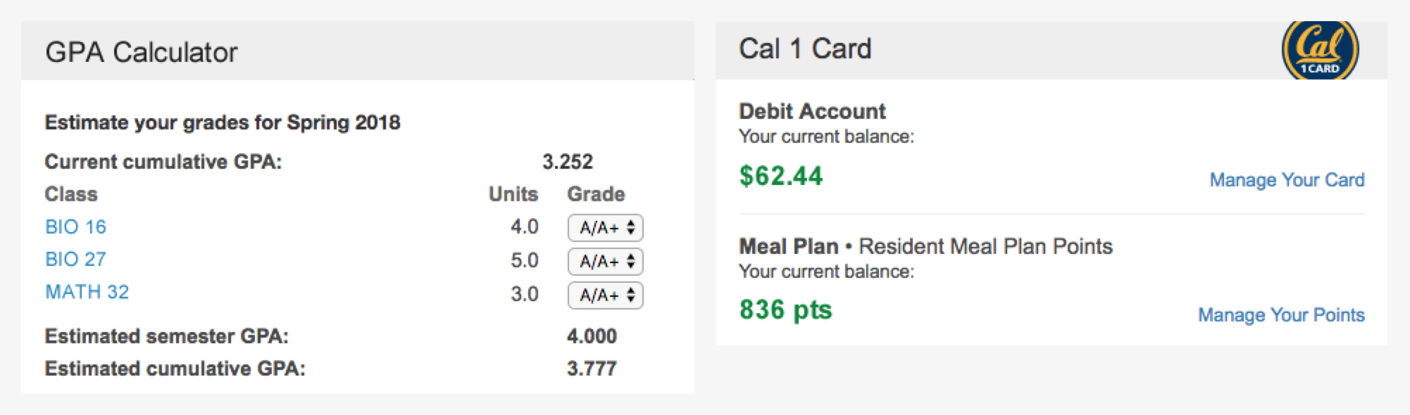 GPA and Cal 1 Card